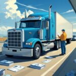 An owner-operator truck driver stands beside a semi-truck at a truck stop, reviewing paperwork with symbols of fuel costs, maintenance tools, and invoices around, illustrating the expenses and responsibilities of owning and operating a truck.