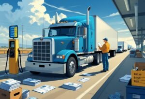 An owner-operator truck driver stands beside a semi-truck at a truck stop, reviewing paperwork with symbols of fuel costs, maintenance tools, and invoices around, illustrating the expenses and responsibilities of owning and operating a truck.