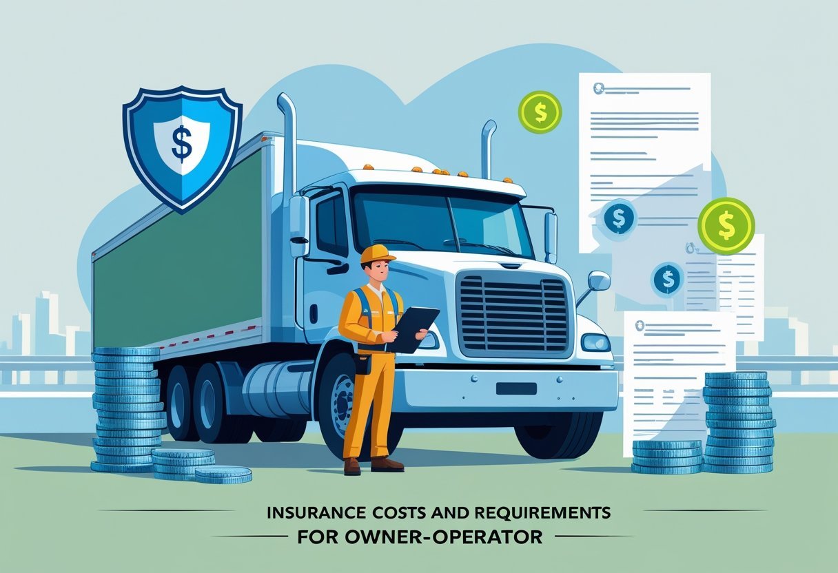 An owner-operator standing next to a commercial truck with symbols of insurance, money, and official documents around them.